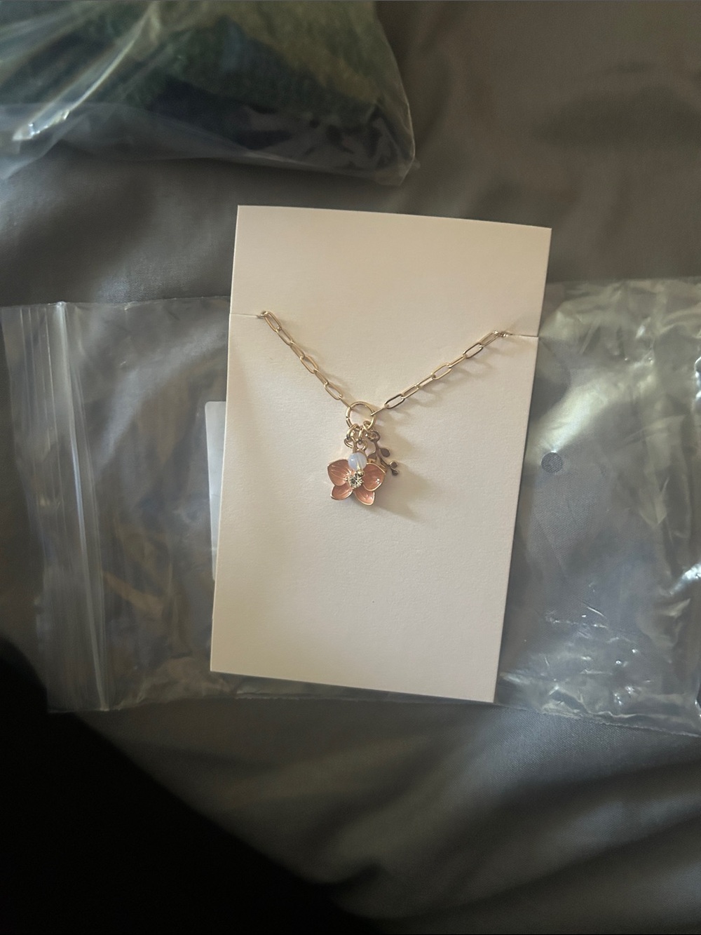 Gold Chain Necklace with Pink Flower Charm - Picture 1 of 2